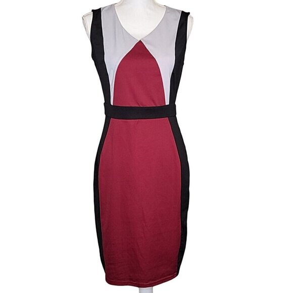 Women's Red Midi Knee Length Dress Red Black Color Block Professional Sleeveless - Picture 1 of 10